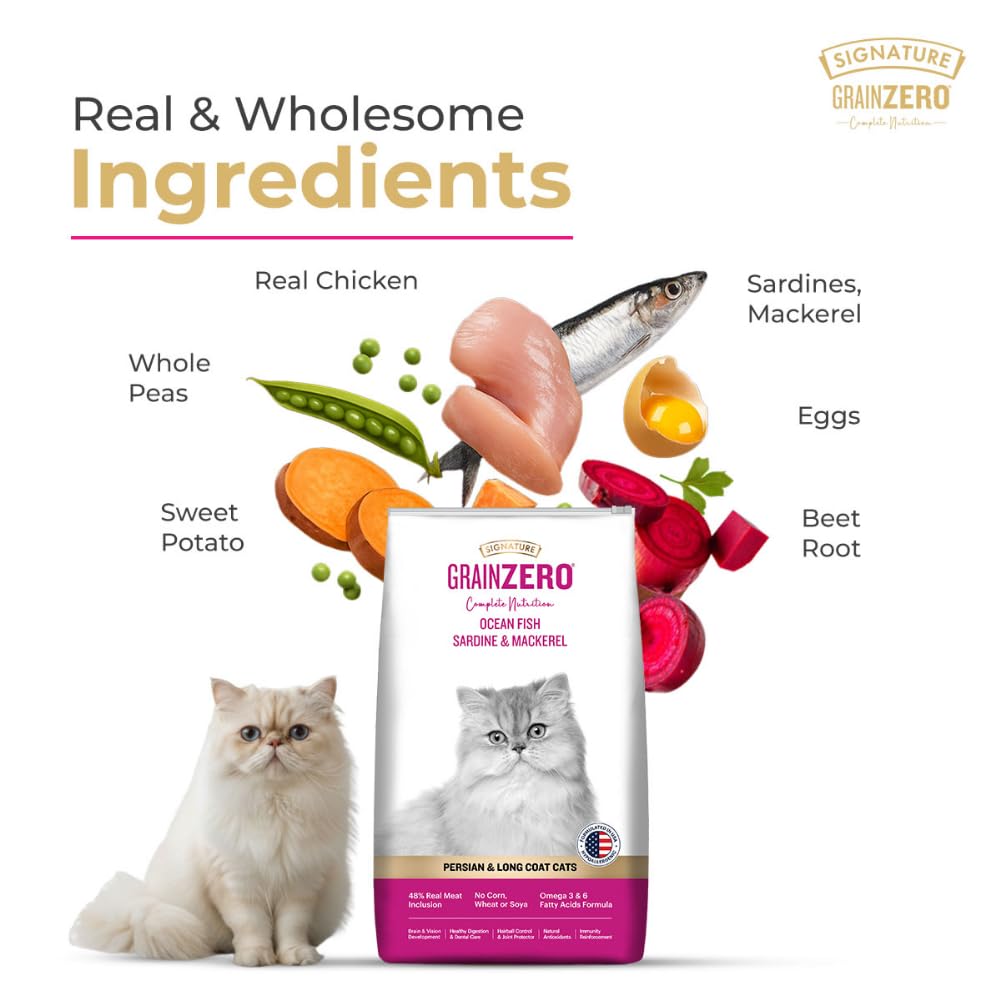 Grain Zero Persian Dry Cat Food 1.2kg | Ocean Fish, Sardine & Mackerel | 48% Fresh Fish Inclusion, No Grain Formula, Gluten- Free