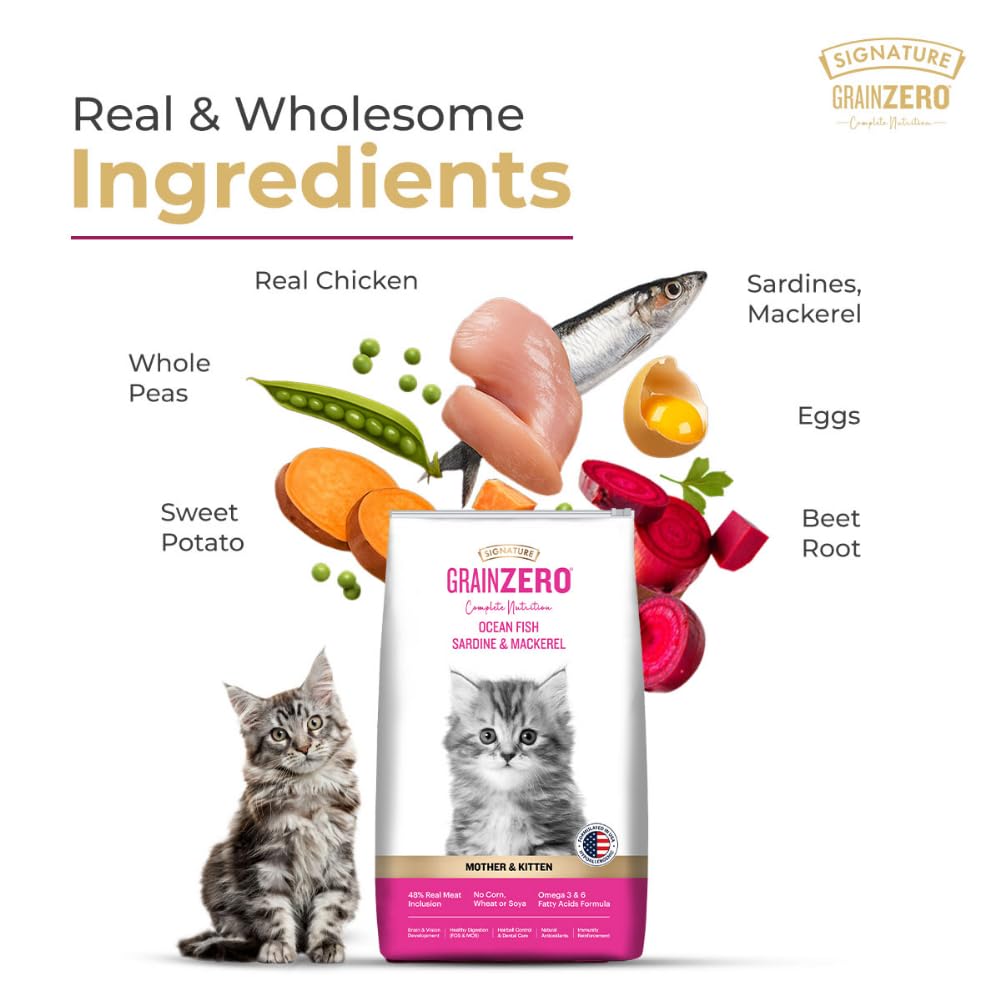 Grain Zero Kitten Dry Cat Food 3kg | Ocean Fish, Sardine & Mackerel | DHA for Brain Development, 48% Fresh Fish Inclusion |